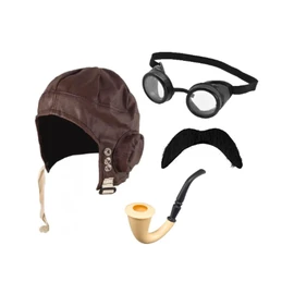 Rocking Party Pilot Aviation Fancy Dress Set (Brown Cap, Goggles, Moustache & Pipe)