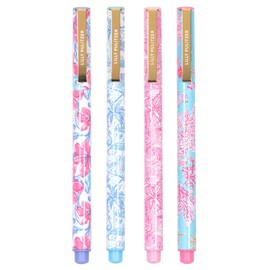 Lilly Pulitzer Felt Tip Pen Set of 4, Colored Pens Fine Point, Colorful Pens for Note Taking and Journaling (Pink and Blue Assorted Patterns)