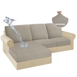 HDCAXKJ 100% Waterproof Sectional Couch Cushion Covers 6 Pieces L Shape Sectional Cover Stretch Chaise Sofa Seat Slipcover Set Pets Jacquard Magic Sofa Cover (Khaki, 2 Seater + 3 Backrest + 1 Chaise)