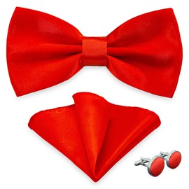 Men's Bow Tie with Matching Pocket Square and Cufflink Set,Tuxedo Bowtie with Handkerchief For Father's day Gift M-B-1T (Red)