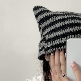 Vintage Beanies Women Fox Hat Grunge Accessories Slouchy Beanies for Women Crochet Hats for Women (Grey Black)