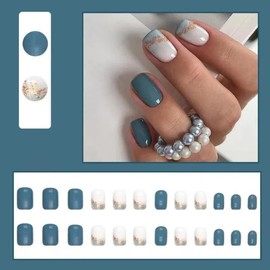 Ztcily Künstliche Nägel, kurz, quadratisch, blau, weiß, künstliche Nägel, French Kurzarm, Sommer, künstliche Nägel, Press on Nails für Damen, Mädchen, Zubehör für Geburtstag, Valentinstag, Hochzeit