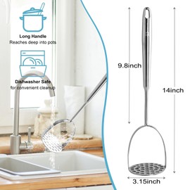 Potato Masher Stainless Steel - Avocados Smasher Tool, Heavy Duty Metal Kitchen Utensil for Mashed Potatoes, Bean, Meat, Pet Food, Large Food Masher with Hanging Hole，Dishwasher Safe, 14 Inch