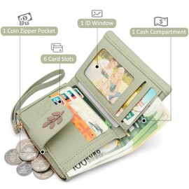 GOUNNU Small Women's PU Leather Purse Small and Short Format RFID Women's Purse with Coin Compartment Small Zip Wallet, Mini Wallet with Card Slots and Bracelet, Green (green-1)