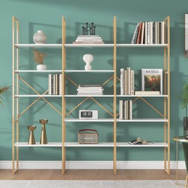 Jehiatek Gold Bookshelf 5 Tiers, Geometric Bookcase, 71"L x 71"H Tall Gold Shelves Etagere Book Case, Sturdy Metal Frame, Freestanding Display Shelving Unit for Home, Office, Library, White and Gold