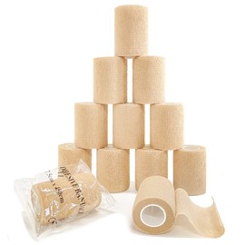 Self Adhesive Bandage Wrap(12 Pack, 3 Inch x 5 Yards), First Aid Medical Cohesive Bandage Tape, Breathable Elastic Sports Athletic Tape Wrap for Ankle, Wrist, Knee, Foot Sprains & Swelling(Tan)