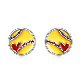 Softball Earrings Sterling Silver Softball Heart Stud Earrings Sports Mom Jewellery Gifts for Women Girls