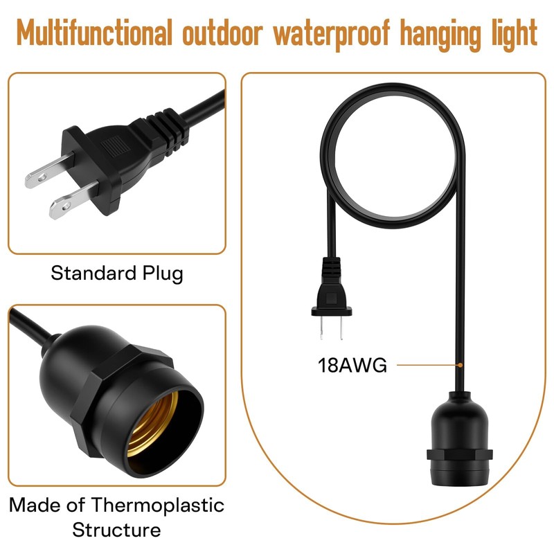 10FT E26/E27 Waterproof Pendant Lamp Cord with Ceiling Hooks &