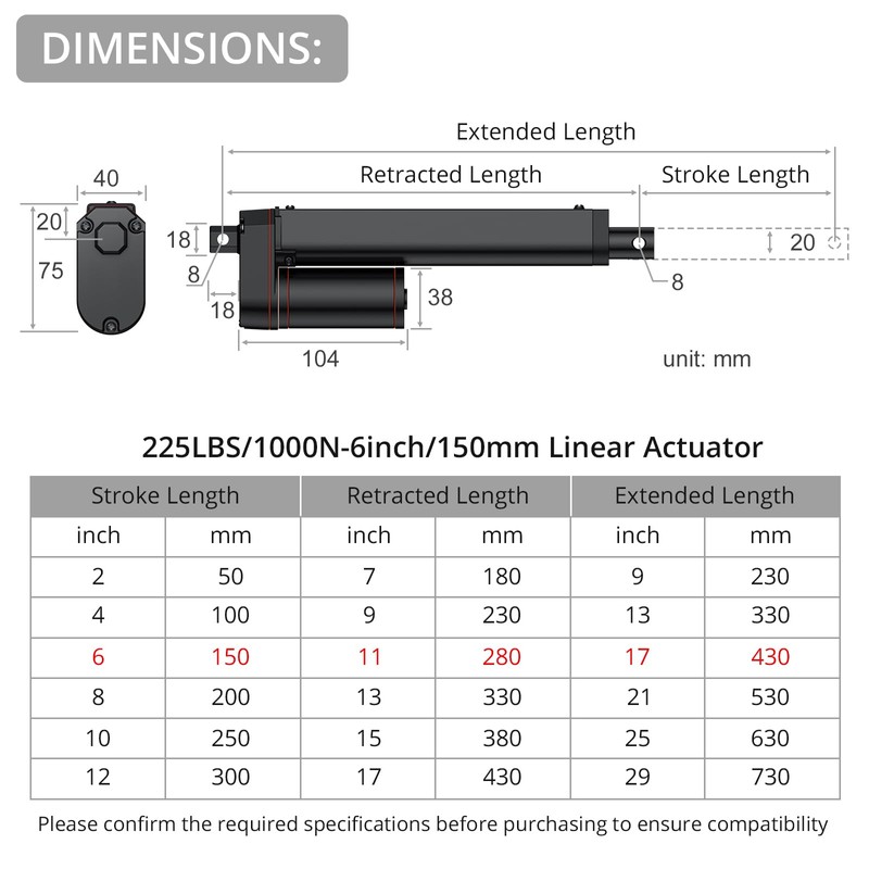Justech 12V Heavy-Duty Linear Actuator 225lbs/1000N-6inch/150mm Silent IP65 Electric Actuator