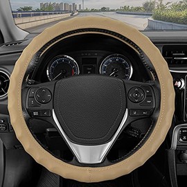 BDK Genuine Beige Leather Steering Wheel Cover for Car, Small (13.5" - 14.5") – Ergonomic Comfort Grip for Men & Women, Car Steering Wheel Cover for Vehicles with Small Steering Wheel