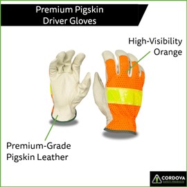 Cordova F8805XL Grain Pigskin Driver Gloves, Hi-Vis Orange Mesh Back, Lime Reflective Tape, Keystone Thumb, X-Large, 12-Pack