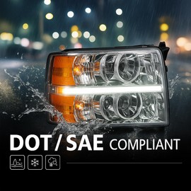 G-PLUS LED DRL Headlights, Compatible with 2007-2014 Chevy Silverado 2500 3500 & HD/2007-2013 Silverado 1500, Driver Side & Passenger Side, Smoky lens Chrome Housing Amber Reflector