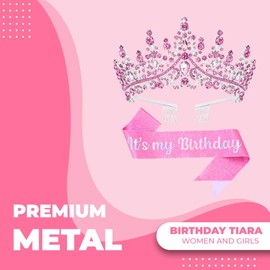 Papoopy Birthday Tiara and Crown with Sash, Birthday Tiara for Women Birthday Party (Pink)