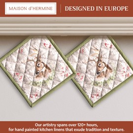 Maison d' Hermine Pot Holders Set 100% Cotton Heat Resistant Potholders 8" x 8" Hot Pads with Loop for Thanksgiving Christmas Decorations BBQ Baking Handling Hot Pans (Pack of 2, Mountain Life)