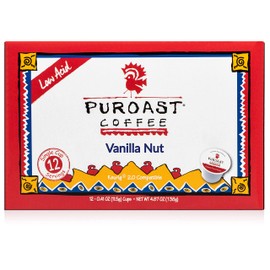 Puroast Low Acid Coffee| Vanilla Single Serve Pods | Medium Roast | High Antioxidants & High pH |No Bitter Aftertaste | Reduced Heartburn & GERD Friendly | 12 Count - Compatible with Keurig Brewer