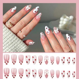 French Tip Press on Nails Medium Almond Fake Nails White Glue on Nails Strawberry Stick on Nails with Pearl Bowknot Design Spring False Nails Cute Acrylic Nails Full Cover Artificlal Nails for Women