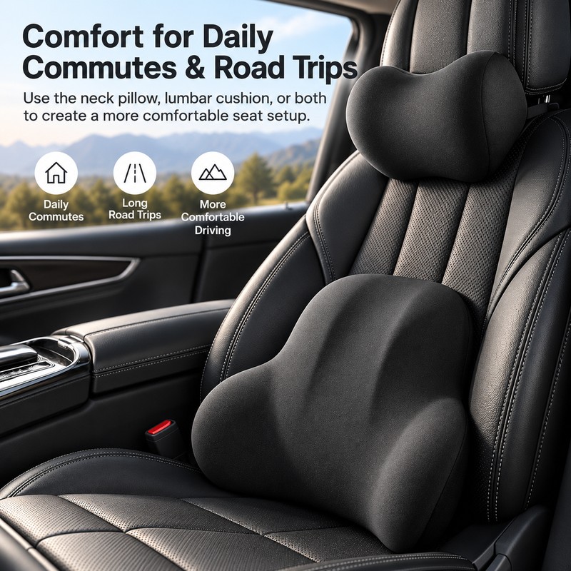Memory Foam Car Neck & Lumbar Support Pillows for Driving
