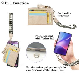 LIYSOYO Slim Card Holder Wallet For Women, RFID Leather Credit Card Wallet, Small Wallet Wristlet Coin Purse With Wrist Lanyard Strap and Hand Free Phone Tether Pad, Beige, Slim Card Holder Wallet