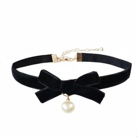 Bow Necklace for Women Red Bow Velvet Choker Necklace Black Ribbon Pearl Pendant Necklace Cute Bow Knot Necklace for Christmas Gifts (Bow Black)