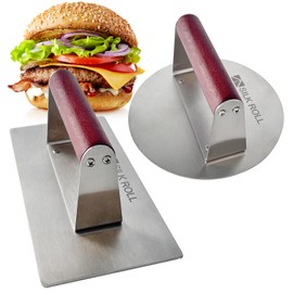 SILK ROLL Stainless Steel Burger Press, Hamburger Press, Heavy Duty Meat Press, 8 Inch Bacon Press & 6.3 Inch Round Burger Smasher with Wood Handle, Grill Press for Smashburger, BBQ Bacon Up, Beef