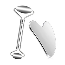 Stainless Steel Gua Sha and Facial Roller, Massage Kit 2 in 1, Guasha Face Roller Massage, for Eyes, Face and Body, Skin Care and Relaxation