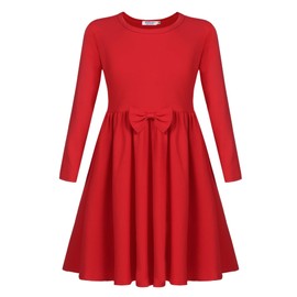 Arshiner Girls' Long Sleeve Casual Dresses Kids Cotton Winter Dress Autumn Dresses A-line Round Neck Festive Dress for Girls, red