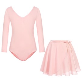 FONLAM Girls' ballet dress, ballet leotard, long sleeve dance dress, leotard, dance body, ballet skirt, children's ballet suit, cotton, pink