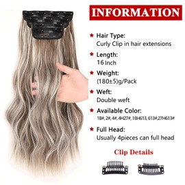 Xtrend 16 Inch Wavy Hair Extensions Clip-in Synthetic Hair Pieces for Women Girls 4 Pieces Full Head Set Thick Curly Wavy