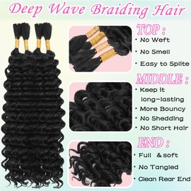 Human Braiding Hair Mix Synthetic Boho Hair for Braiding, 16 Inch 200g Boho Braids 4 Bundles Wet and Wavy Curly Deep Wave Bulk Bohemian Extensions for Black Women (Black, 20 Inch)