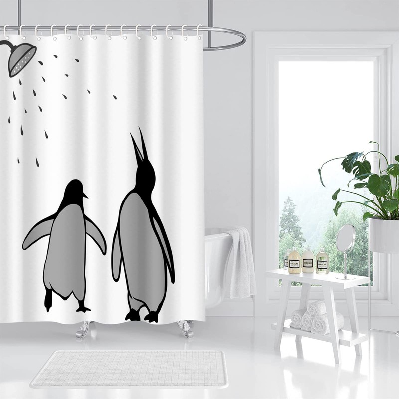 FuShvre Black and White Animal Shower Curtain Abstract Silhouette Penguin