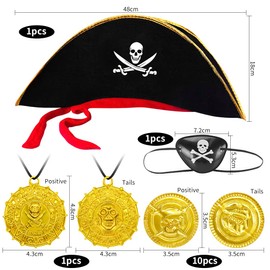 Aurasky Pirate Costume Accessories Children 7-Piece Pirate Hat Eye Patch Telescope Pirate Sabre Skull Bag Golden Coins for Children, Pirate Costume Accessories Boys and Girls for Carnival
