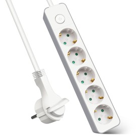 EXTRASTAR Flat Plug Multiple Socket 5-Way Multiple Socket Flat Plug with Push Button Switch, Power Strip Flat Plug with 3 m Cable for Office and Home, White