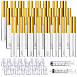 24 Pieces 10ml Clear Lip Gloss Tubes with Brush Tip, Refillable Lip Glaze Containers, Lip Balm Bottle and 2 Pieces 10ml Plastic Syringes for DIY Makeup