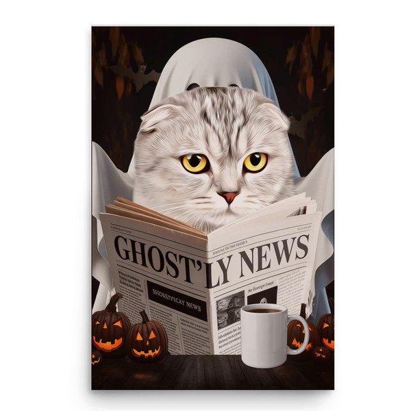 Spooky Halloween Pet and Ghost Reading Wall Art - Blue