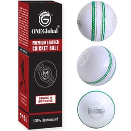 ONEGlobal Supreme Cricket Ball Leather Cricket Ball 100% Hand Stitched 5.5oz 4 Piece Premium Leather Waterproof Match Quality Hard Cricket Balls for League Games, Net Practice Etc (3-White)