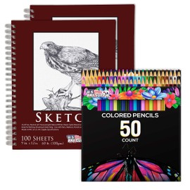 U.S. Art Supply 50 Piece Adult Coloring Book Artist Grade Colored Pencil Set with 2 Packs 9" x 12" Sketch Pads Drawing Paper - Sketching Shading Blending, Fun Activities, Students, Beginners