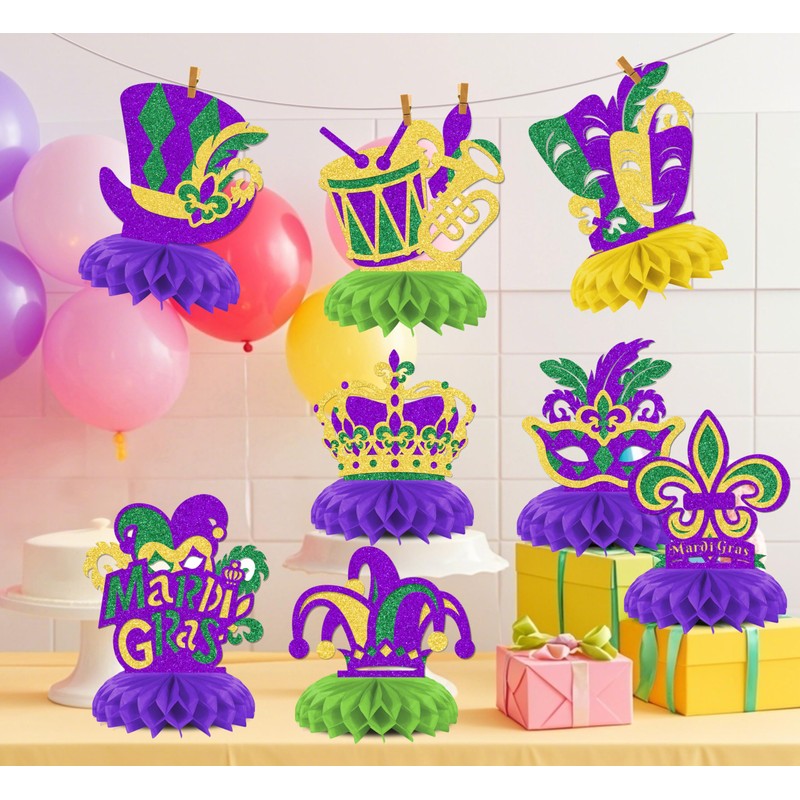 KEWUFD 8PCS Happy Mardi Gras Honeycomb Centerpieces Mardi Gras Decorations
