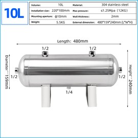 VUYOMUA 2.5Gallon 304 Stainless Steel High Pressure Mini Small Portable Air Tank Air Reservoir Water Storage Tank (10L-SG)