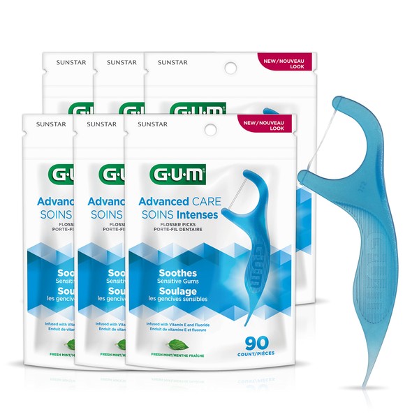 GUM Advanced Care Flossers, Fresh Mint Dental String Floss Picks, Vitamin E & Fluoride, 90 Count, (Pack of 6)
