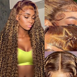 MXTQO Honey Blonde Deep Wave Lace Front Wigs Human Hair 200 Density 13x6 HD Lace Front Wigs Ombre Human Hair Wig Glueless P4/27 Highlight Wig for Women Pre Plucked with Natural Hairline (24 Inch)