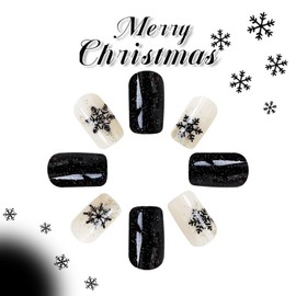 Christmas Press-on Nails - Short Square French Tip with Black & White Designs, Black Snowflake Glitter, Winter Glossy Glue-On Acrylic Nails for Women & Girls - 24 Pcs