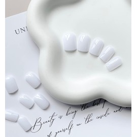 MABKJLF Press on Nails Short Square Fake Nails Milk White Solid Color Full Cover False Nails with Designs Glossy False Nails with Nail Glue Artificial Acrylic Nails for Women Girls 24 Pcs