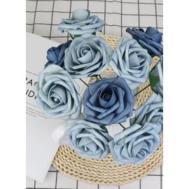 Jdsour 50pcs Artificial Flower，Real Touch Foam Roses w/Stem DIY for Wedding Bouquet Centerpieces Party Shower Home Decor-Dusty Blue Shades