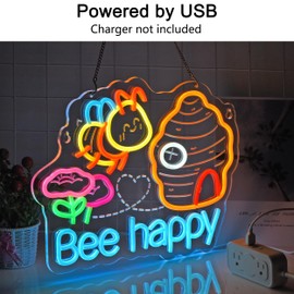 JOMOBUTY Bee Happy Neon Sign, Neon Lights Hanging Wall Art Decoration for Restaurant Shop House Bar Cafe Party Bedroom Home Decor, USB Powered Ultra Bright Dimmable,16.14×12.6inches