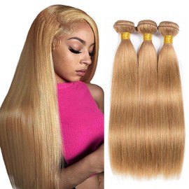 Color 27 Bundles Honey Blonde Bundles Human Hair Blonde Straight Bundles Human Hair 22 24 26 inch Double Weft Weave Extensions Hair Soft And Healthy Honey Blonde Bundles Human Hair