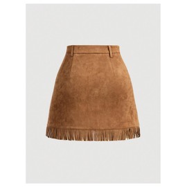 GORGLITTER Women's Faux Suede Fringed Short Skirt High Waisted A Line Flared Party Skirts Brown Small