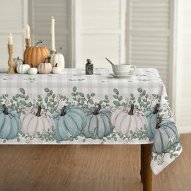 Horaldaily Fall Tablecloth 60x120 Inch, Thanksgiving Autumn Harvest Blue Pumpkin Buffalo Plaid Table Cover for Party Picnic Dinner Decor