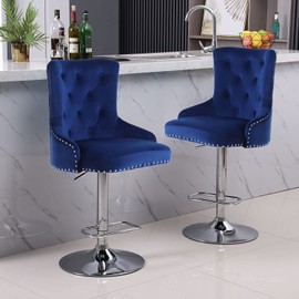 Beaugreen Modern Barstools Set of 2 Velvet Bar Chairs Counter Height Adjustable Swivel Blue Bar Stools Chairs for Kitchen Island,Counter,Dining Room,Pub Counter (Deep Blue, 2 Chairs)