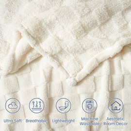 David's Home Ultra Soft Fleece Blanket Twin Size - Checkered Jacquard Flannel, No Shedding & No Pilling, Cozy Lightweight All Season Decor for Couch/Bed, Cream, 66x90 Inches