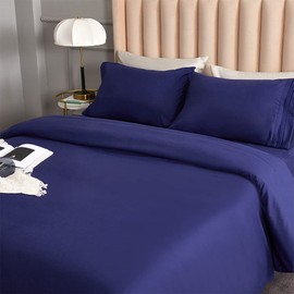 DERBELL Bed Sheet Set - Brushed Microfiber Bedding - Bedding Sheets & Pillowcases - Deep Pockets - Easy Fit - Breathable & Cooling Sheets - 4 Piece Full Blue Set